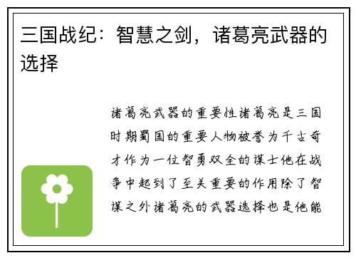 三国战纪：智慧之剑，诸葛亮武器的选择