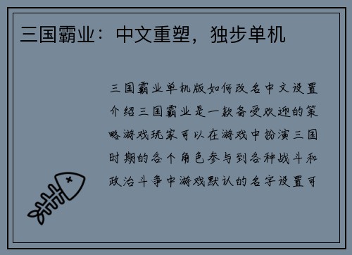 三国霸业：中文重塑，独步单机
